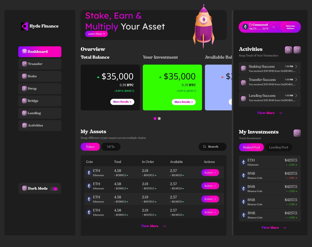 OhBukolami's tweet photo. This has been sitting in my Figma for quite some time🫤. It's an exploration of a DeFi🪙💰Dapp in both light and dark modes😍😍😍.
Sharing the full design and case study as soon as I am done.
What do you like most about it😉?
#web3uiux #web3 #web3designer #web3design #layer2 https://t.co/L5ek74tlQ2