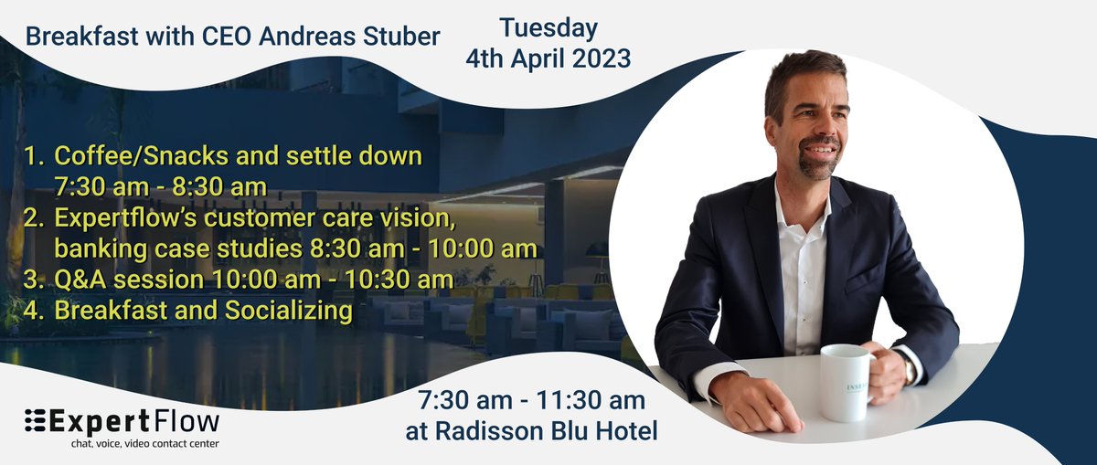 Expertflow's tweet photo. Expertflow is hosting a customer care breakfast at the Radisson Blu Hotel Arboretum in Nairobi, Kenya. Interested in joining? Please get in touch with Jane Njoki at jane.njoki@expertflow.com. Please note that there are limited seats available. https://t.co/IKh6HNVvfV