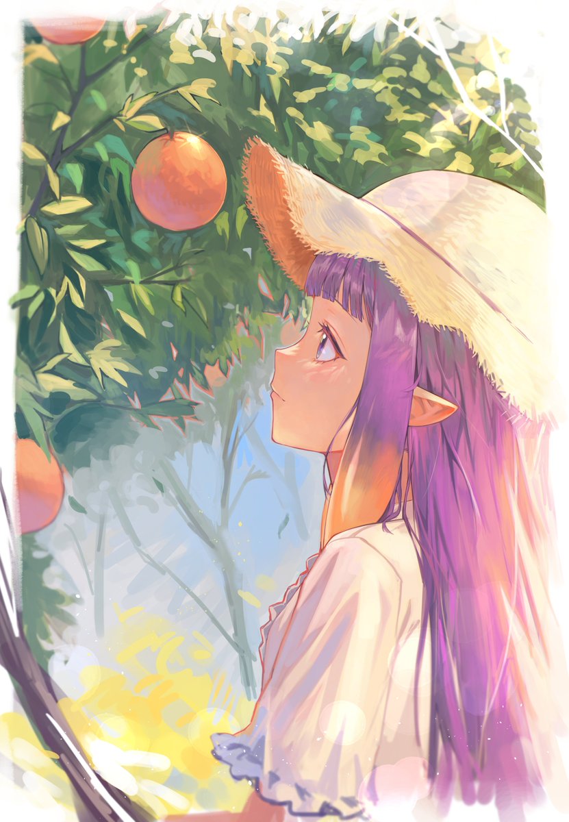ninomae ina'nis 1girl hat long hair pointy ears purple hair sidelocks food  illustration images