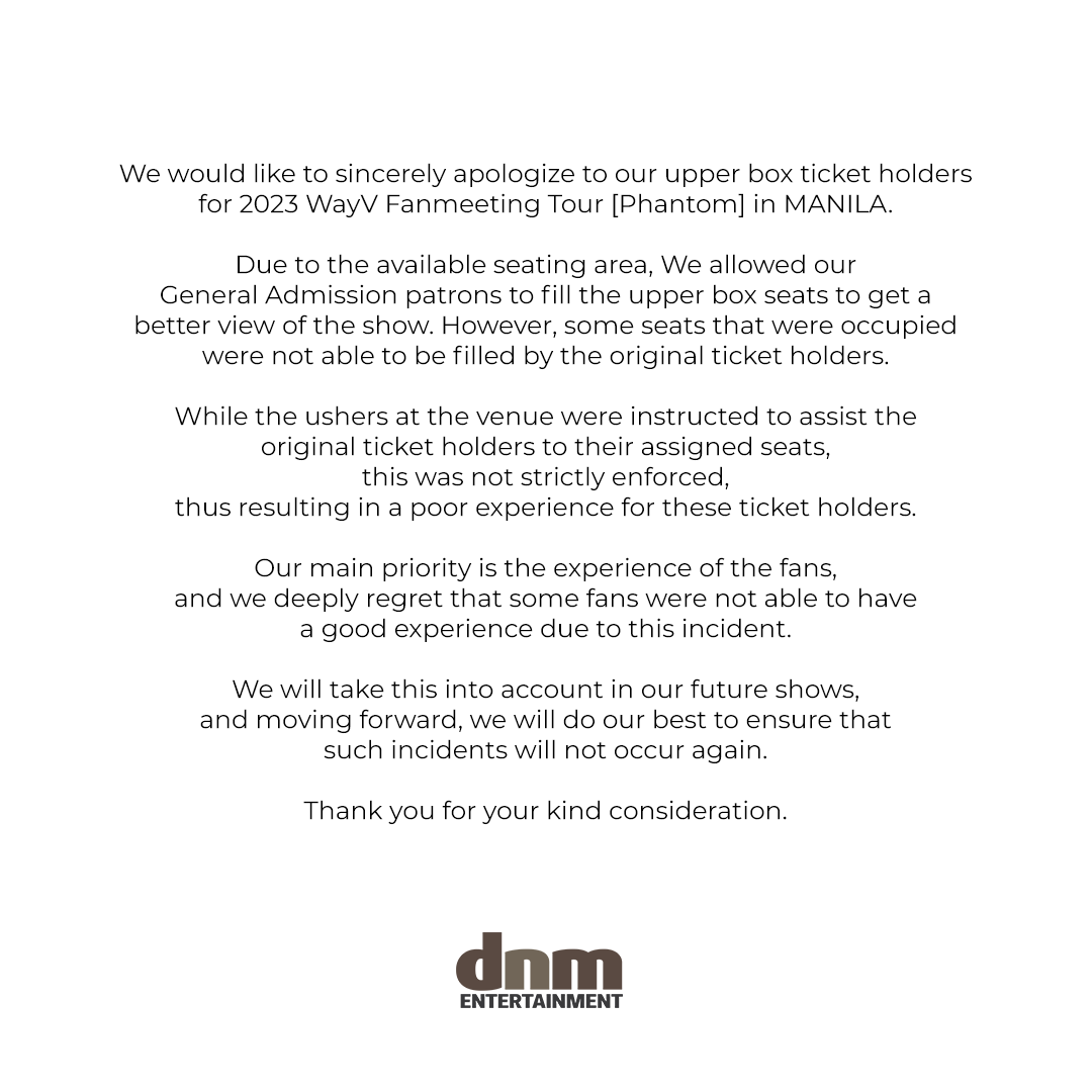 dnmentph's tweet photo. Please read our statement regarding 2023 WayV Fanmeeting Tour [Phantom] in MANILA. https://t.co/UNB9IiqCY4