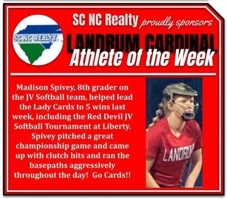 lmscardinals's tweet photo. Way to go, Madison! We love bragging about our LHS athletes! #LiveLearnLandrum #RespectExcellenceDetermination #LMSstudentsoftheweek https://t.co/AtKGY89gwf