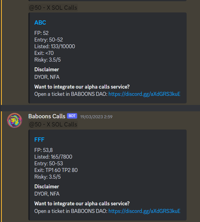 BABOONSDAO's tweet photo. We already have the calls bot ready! let us know if you want this service for your discord! we leave you some examples 👀🔥🦍 https://t.co/ZyLRwBmnTW