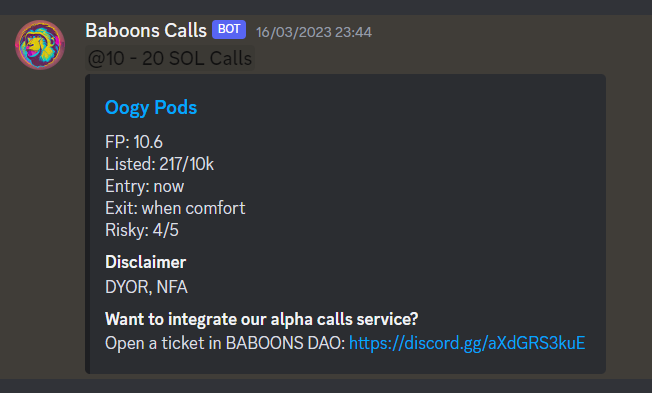 BABOONSDAO's tweet photo. We already have the calls bot ready! let us know if you want this service for your discord! we leave you some examples 👀🔥🦍 https://t.co/ZyLRwBmnTW