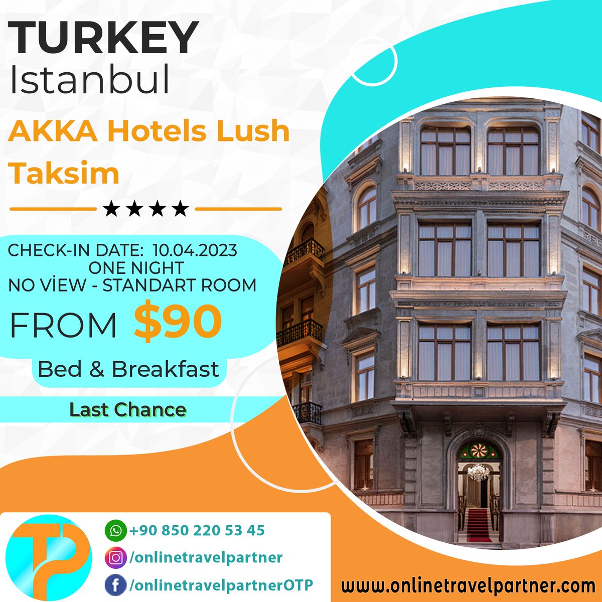 Last chance to take advantage of the opportunity!

Call Center / WhatsApp: +90 850 220 53 45
E-Mail: info@onlinetravelpartner.com
onlinetravelpartner.com

#istanbulhotels #travelagency #hotels #onlinetravelpartner #traveltoturkey #antalyahotels #istanbul #lastchance #finalcall
