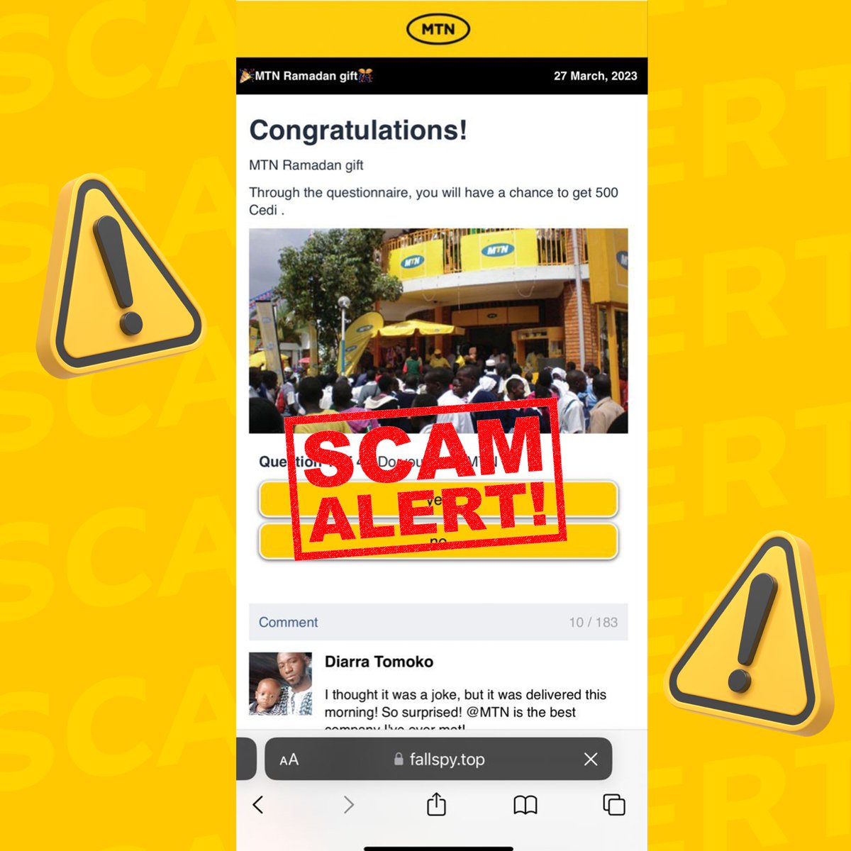 MTNGhana's tweet image. Y'ello! We know our followers are too smart for this, but kindly take note of this dubious attempt by fraudsters to mislead and steal from you. 

 Share with all your friends and loved ones and help us fight fraud. Stay vigilant.

 #GoodTogether #NoToFraud