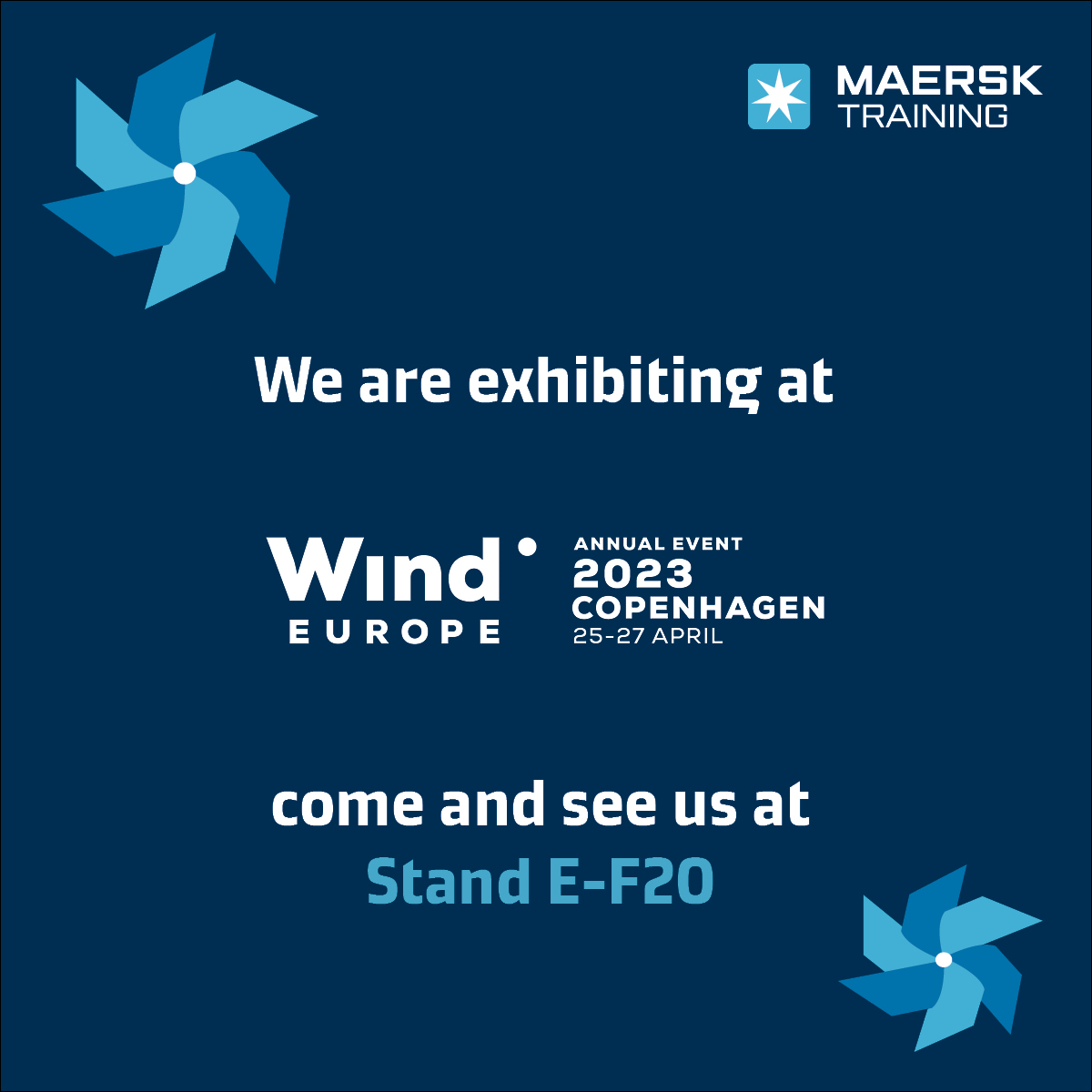 📢 We are excited to exhibit at the Wind Europe event in Copenhagen! 

👉 Save the date and visit us at the Maersk Training Stand 
(E-F20), we look forward to seeing you!