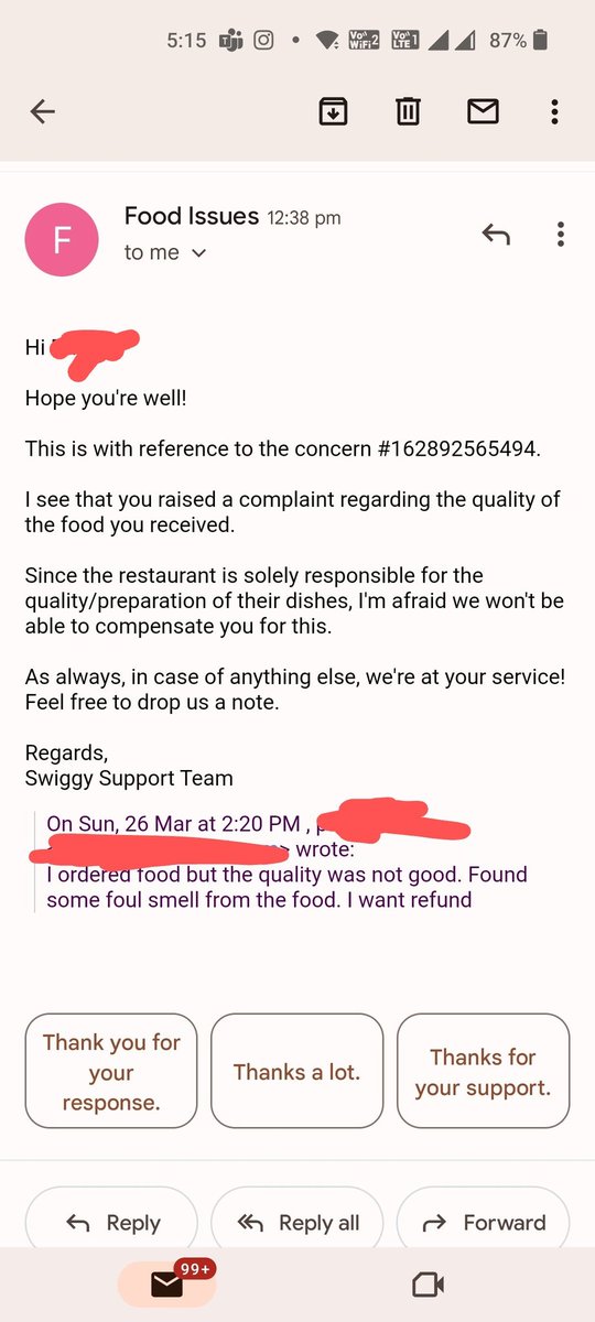 prithivikk's tweet image. This is the response you will get when you raise a complaint to swiggy regarding food quality.

@SwiggyCares @Swiggy 
#worst_support