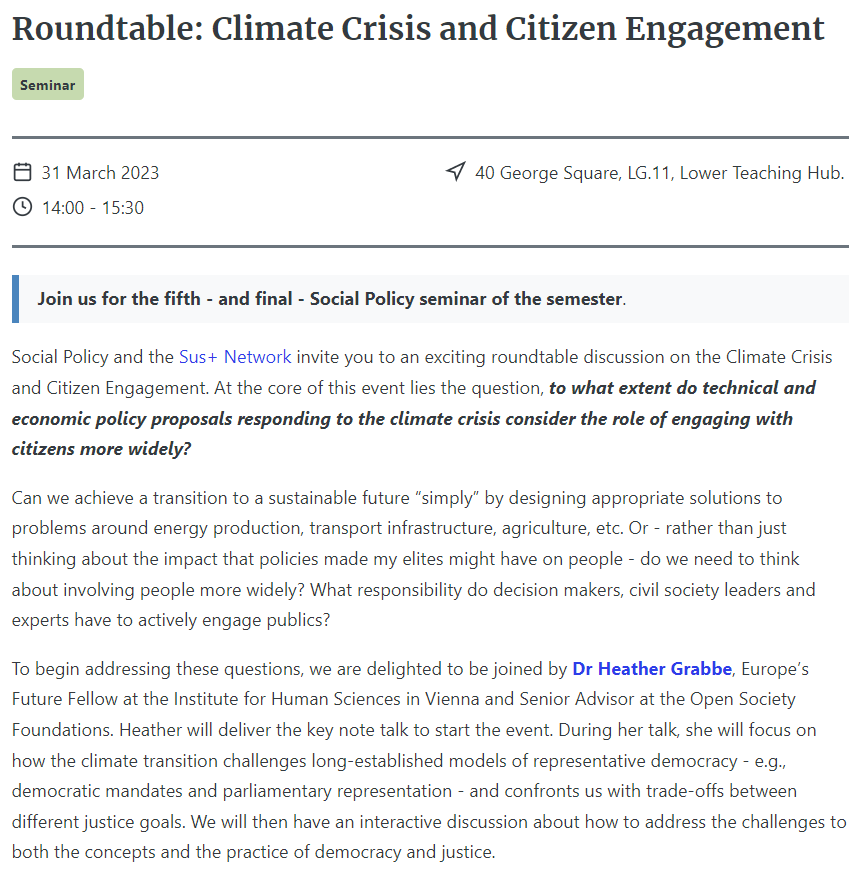 eichhorn_jan's tweet photo. I'm very excited to take part in this roundtable on citizen engagement with the climate crisis on Friday. It's brilliant that we have @HeatherGrabbe delivering a talk that Sarah Parry from @UoE_STIS and I from @uoesocialpolicy get to discuss - together with the audience. Join in! https://t.co/s3RzLRdS5i