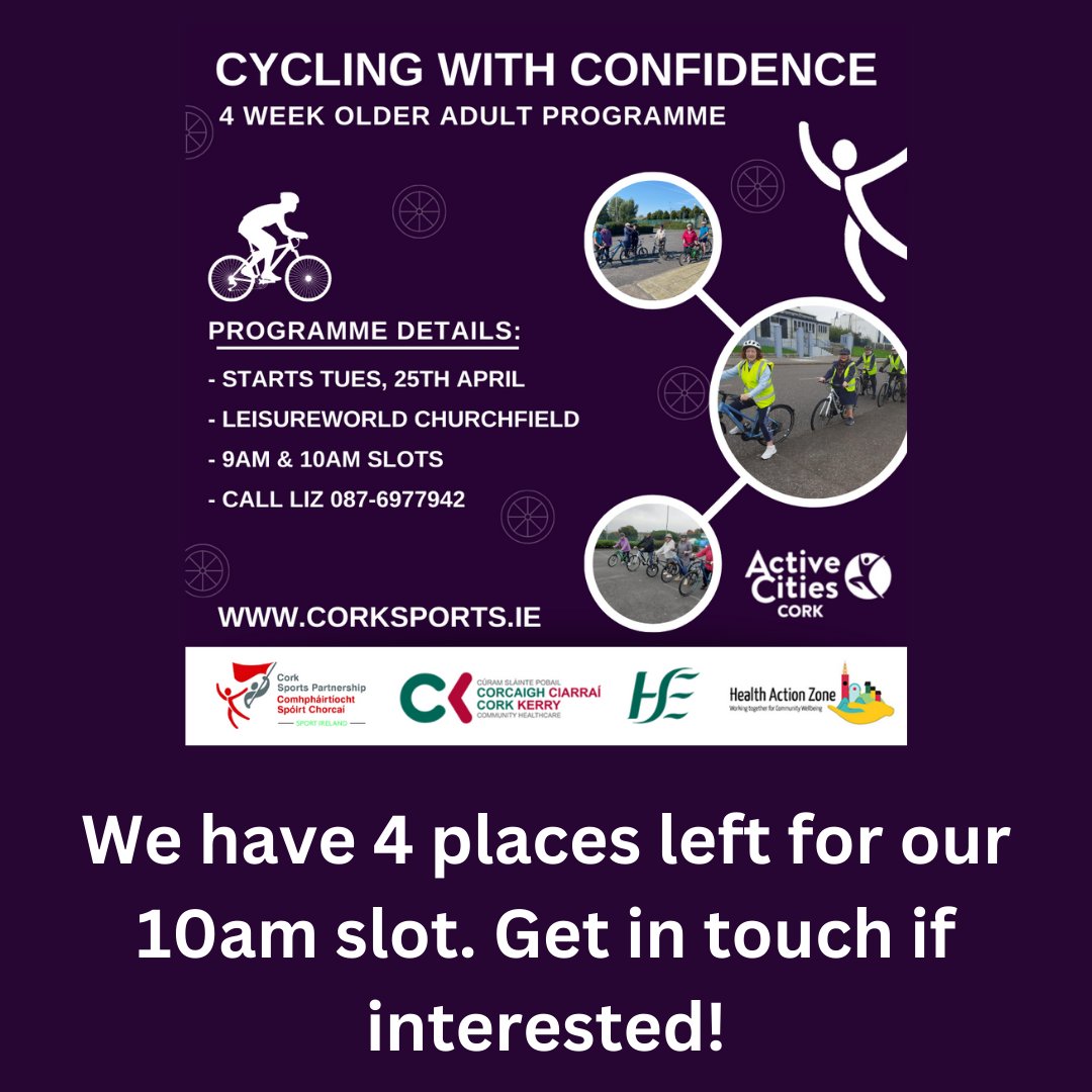 We are CYCLING WITH CONDIFENCE again this year in Churchfield. 4 places left for 10am slot if you would like to learn how to cycle, or gain more confidence cycling. @Corksports @wildatlanticsports