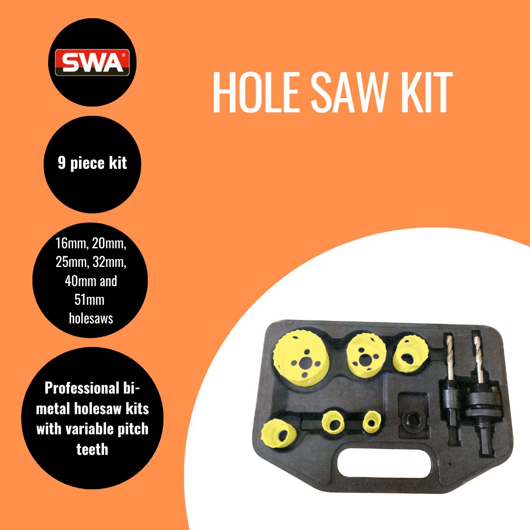 Professional bi-metal holesaw kits with variable pitch teeth

HSK1
9 piece kit contains:
16mm, 20mm, 25mm, 32mm, 40mm and 51mm holesaws
1 x ARBOR1
1 x ARBOR10
1 x 1/4" x 4" spare HSS pilot drill

Bigger sized hole saw kit is also available.