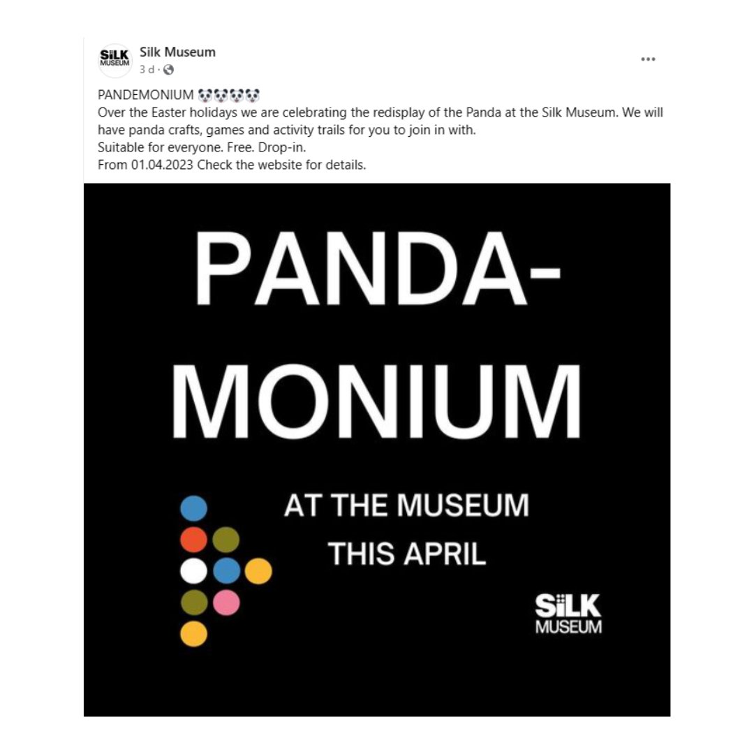 MacclesfieldTC's tweet image. Did you know the West Park Museum Panda 🐼 now resides at the Silk Museum?
Well there is lots going on down there over the Easter holidays, so plenty of opportunities to pop in and see it!
#MacclesfieldBetterTogether #SupportLocalMacc #Macclesfield