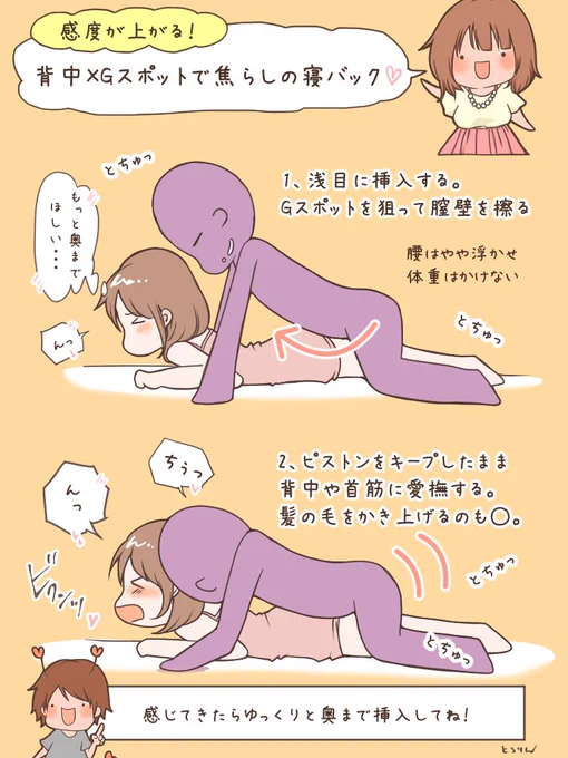 【寝バックで焦らす💕】

寝バックは「奥までズドン」→「いきなりゴシゴシ」とやりがちなのですが、焦らしを取り入れてみると驚くほど気持ちいい💕ポイントは浅目に挿入して、Gスポットを狙って短いスパンで膣壁をすること✨同時に背中や首筋をしっかり愛撫すると、深く挿入した時の快感が別物に… 