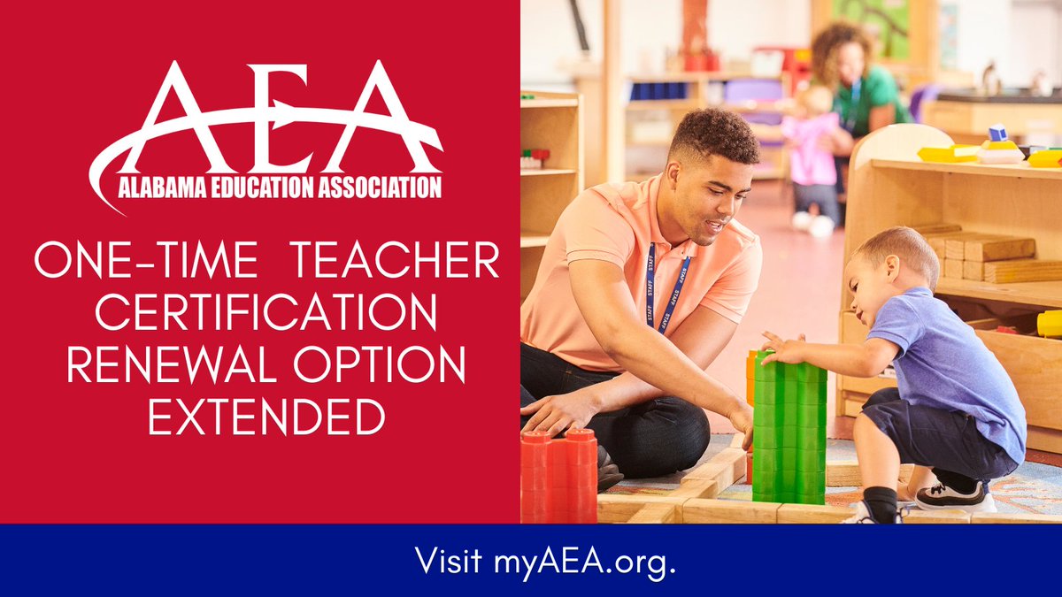 Originally scheduled to end on June 30, 2023, @alabamaachieves has extended one-time teacher certification options through June 30, 2024. New certification renewal requirements will be available on July 1, 2024. For more information, visit myaea.org/certification-…. #myAEA