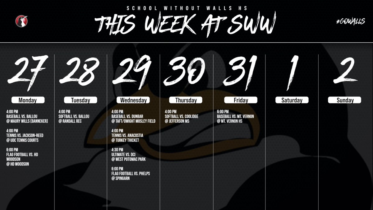SWW ATHLETIC WEEKLY SCHEDULE!
3/27 - 4/2

#GOWALLS