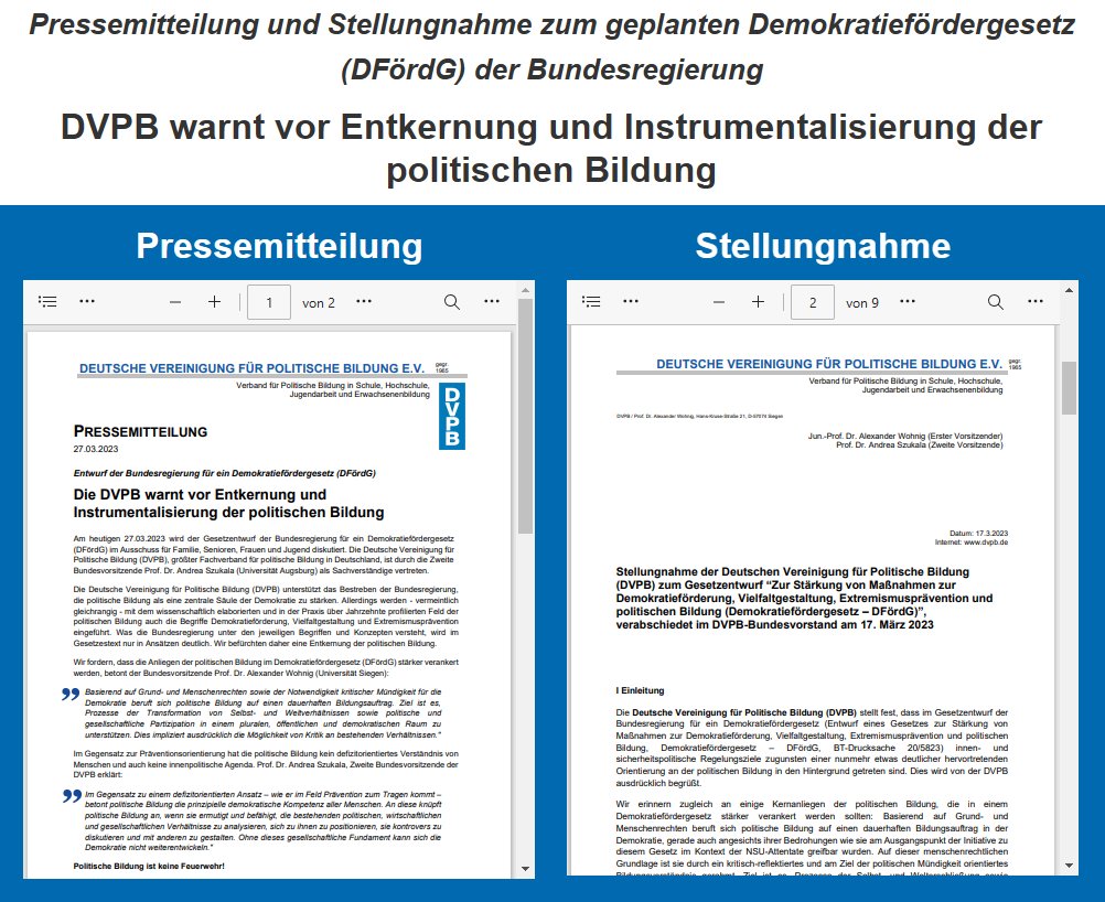 📣 Heute 14.30 Uhr: Anhörung zum Demokratiefördergesetz (#DFördG). Uns vertritt als Sachverständige unsere Zweite Vorsitzende Prof. A. Szukala (@A_Szukala): 
Unsere Botschaft: Wir warnen vor einer Entkernung &amp; Instrumentalisierung von #politischebildung❗
dvpb.de