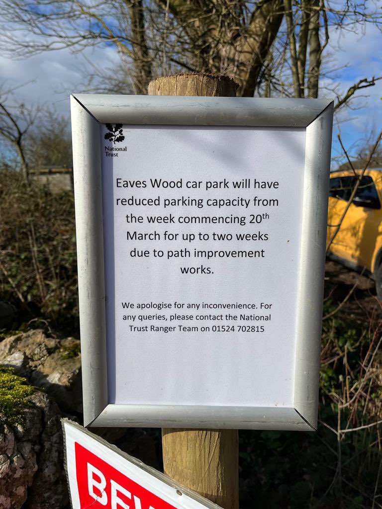 We’re improving the footpath from the car park at Eaves Wood starting from today - a week later than anticipated due to bad weather last week. Car parking will be limited for the next 2 weeks. Thank you for your support.
