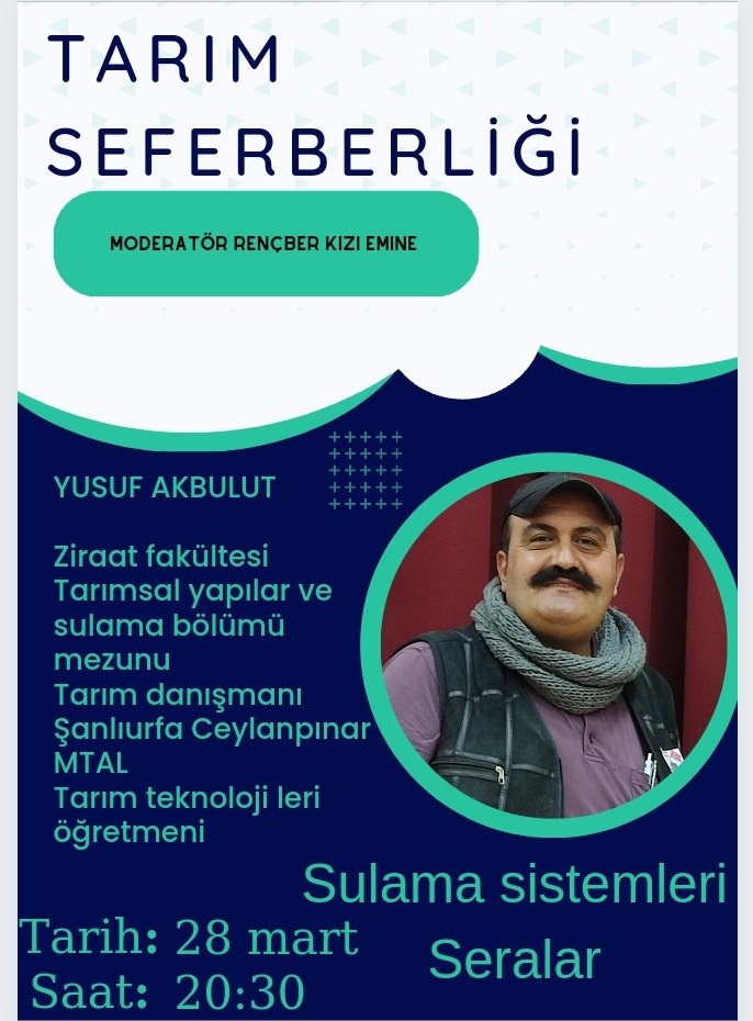 Rençber kızı (Emine) (@emine41815866) on Twitter photo TARIM SEFERBERLİĞİ başladı dostlar.
Zor günlerden umutla çıkarız ancak.
Tarımla yeniden diriliş mümkün gelin bilgiyle donanıp üretime elverelim, ülkemize omuz verelim‼️🇹🇷SALI akşamı saat 20 30 da davetlimizsiniz.
<a href="/yakbuluterbaa/">Yusuf Akbulut</a> Yusuf hocam konuğumuz. 🍁💚🌾
#sanliurfa #tarim TARIM SEFERBERLİĞİ başladı dostlar.
Zor günlerden umutla çıkarız ancak.
Tarımla yeniden diriliş mümkün gelin bilgiyle donanıp üretime elverelim, ülkemize omuz verelim‼️🇹🇷SALI akşamı saat 20 30 da davetlimizsiniz.
<a href="/yakbuluterbaa/">Yusuf Akbulut</a> Yusuf hocam konuğumuz. 🍁💚🌾
#sanliurfa #tarim