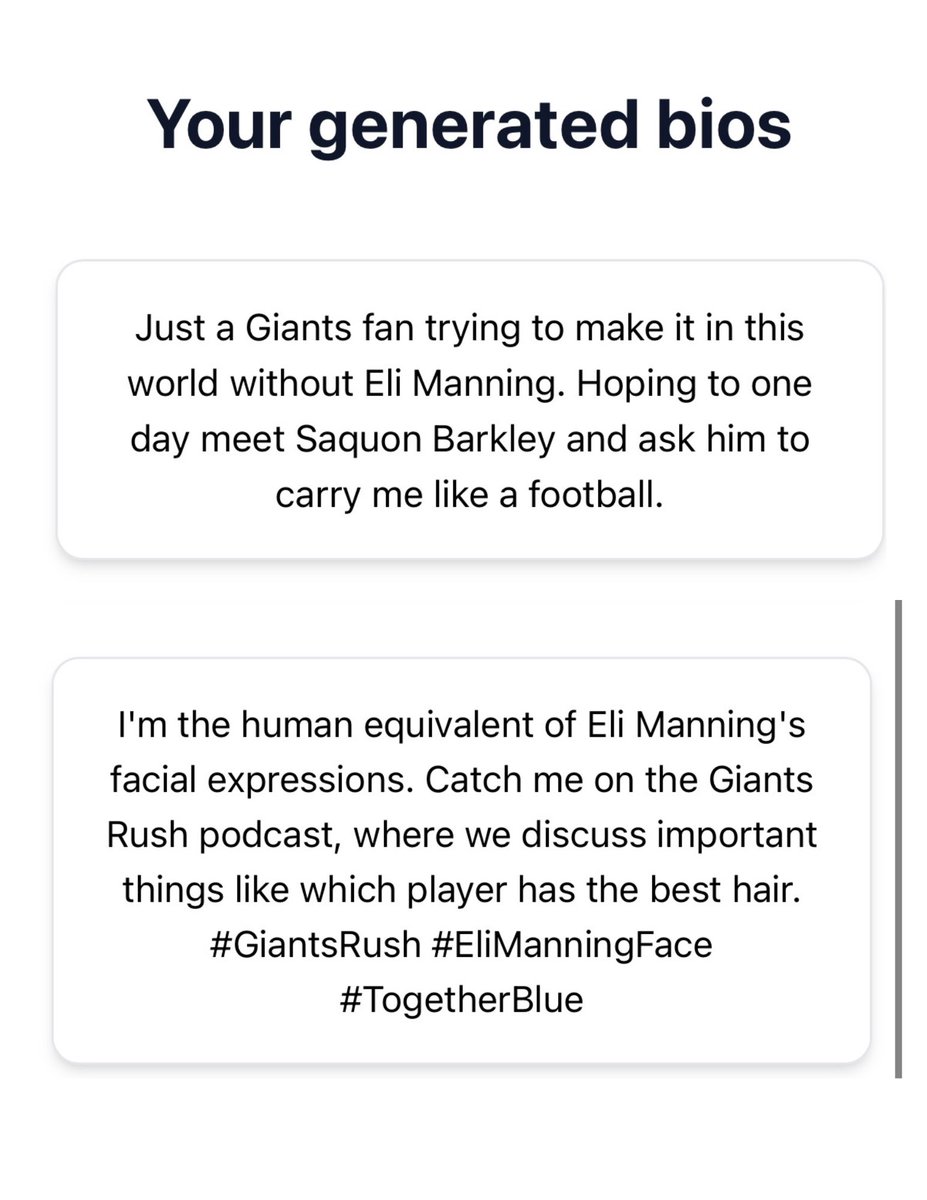 NikkiNic9384's tweet photo. These Generated Bios are hysterical 😂 That’s correct I am just a Giants fan trying to make it in this world without Eli Manning 🙃 Also hair is very important to the @NYGiantsRush Crew #RushCrew #TogetherBlue #NYG #ManningFace Try Yours! https://t.co/hn2UkPIAVq https://t.co/yiaLcsecIg