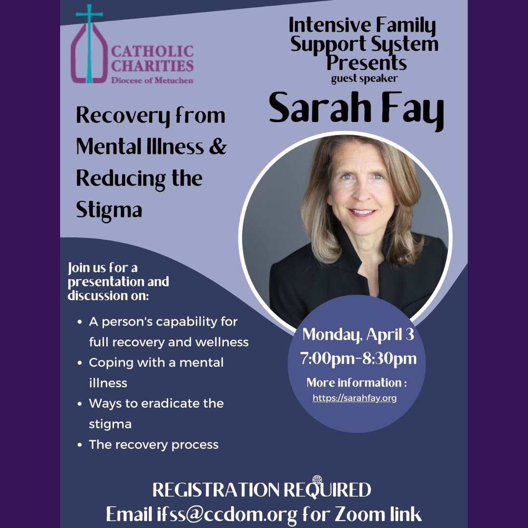 CCDOM1's tweet photo. Join the Intensive Family Support System for a Zoom presentation with guest speaker Sarah Fay about recovery from mental illness and reducing the stigma. 

#ifss #CatholicCharitiesDOM #mentalhealthawareness #mentalhealthillness #reducingthestigma https://t.co/HiBLcpazn2