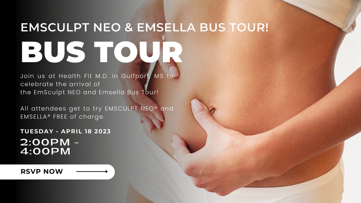 HealthFitMD's tweet photo. You don't want to miss this opportunity! 
RSVP TODAY! 👇
https://t.co/8FZMX8VTwU

#healthfitmd #emsculptneo #emsella #gulfport #gulfportms #bustour https://t.co/MInrEMGKbb