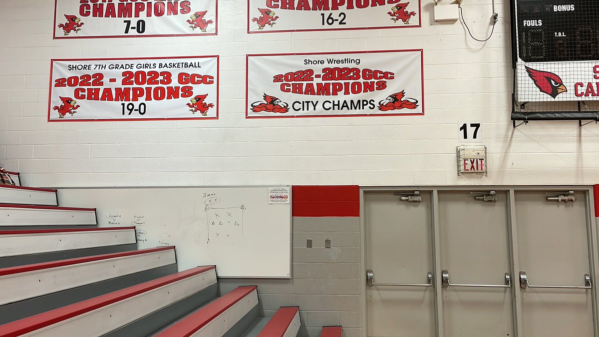 Banners for wresting and girls basketball CHAMPIONSHIPS are up in the large gym. Congrats teams and coaches.