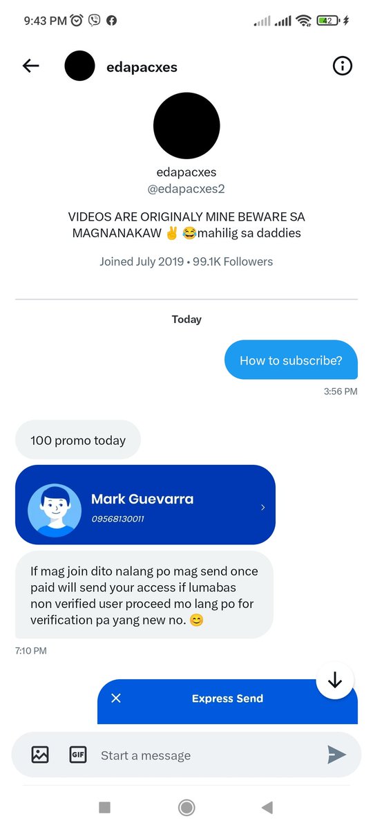 AyawsNegaugali's tweet photo. Beware of this scam. Di ko ikayayaman Ang 100 na nawala sa akin. Pero kung yan Ang paraan mo para kumita at mangloko ka, dapat lang ma markahan ka na scammer. Beware of this account @edapacxes2 . https://t.co/yD5VkitSk5
