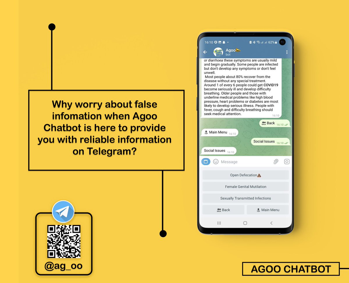 DovuOhene's tweet image. Agoo chatbot on telegram provides you with reliable information on #SRH #opendefecation #FemaleGenitalMutilation and many more.

As a telegram user just search for "ago_oo" to access the chatbot.

You can also tap on the link below to access it:
t.me/ag_oobot