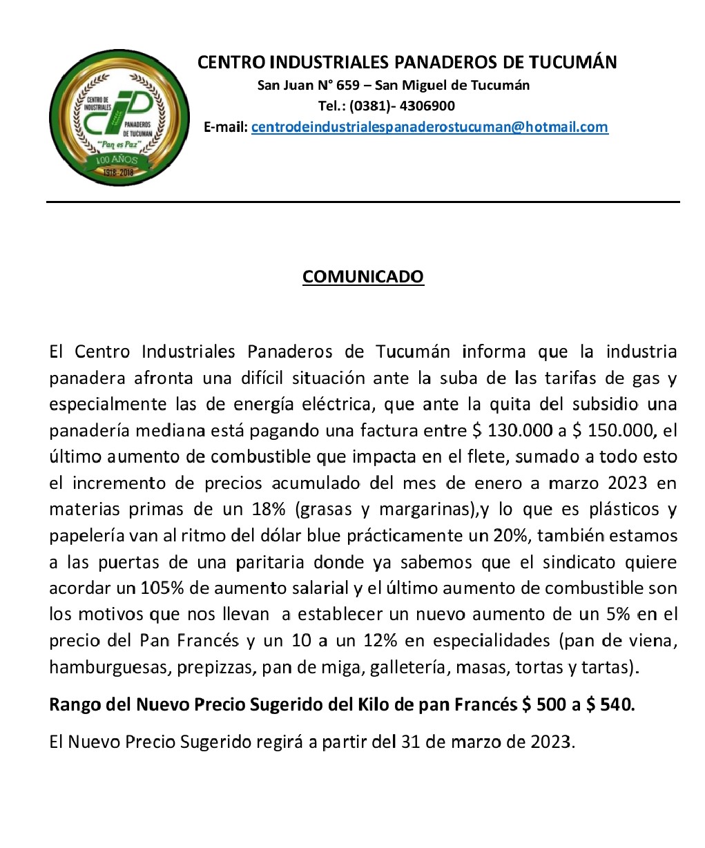 Sube el precio del kilo de pan en Tucumán desde el viernes