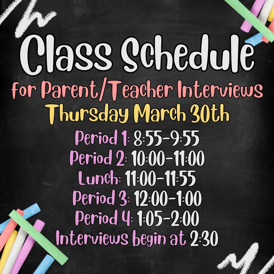 Hey Gaels! Just a reminder that the class schedule has been adjusted on Thursday March 30th for parent teacher interviews. 

Parents if you have not yet booked your timeslot go to the GCVI website: ugdsb.ca/gcvi/2023/03/2…