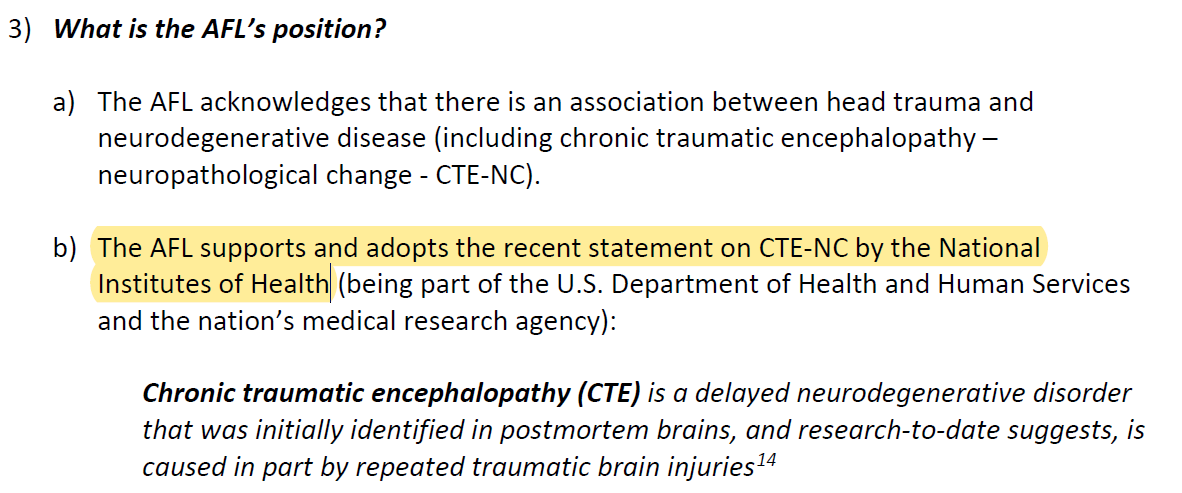 ChrisNowinski1's tweet photo. BREAKING: the Australian Football League @AFL has reversed their position on #CTE &amp; now "supports &amp; adopts" that CTE "is caused in part by repeated traumatic brain injuries", aligning with @NIH.

Find their full statement to the Australian Senate here: https://t.co/EOAJqAvC7f https://t.co/Mp23PxqHxK