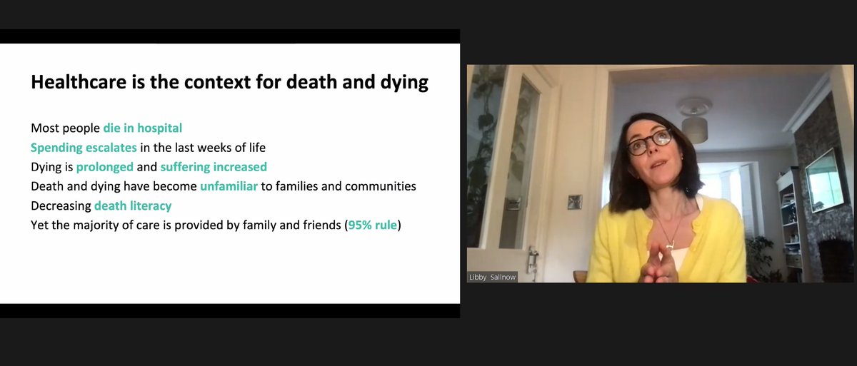 When people are dying, only 5% of their time is spent with healthcare professionals. How can we empower the people and communities with whom they spend the other 95% of that time? @libby_sallnow discussing how we can build on @TheLancet commission on the value of death.