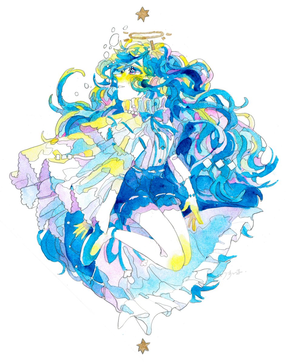 1girl solo long hair halo white background blue hair blue footwear  illustration images