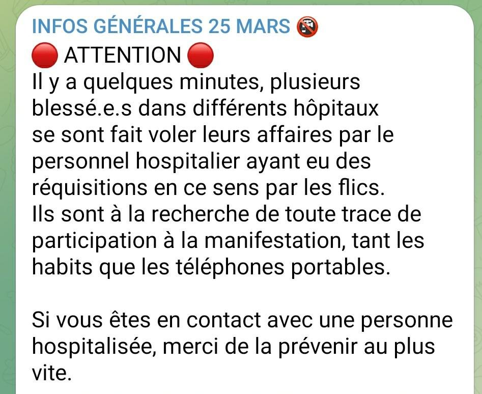 L'Etat fasciste organise, avec la complicité du personnel soignant, la traque dans les hôpitaux des blessés graves de la manifestation de Sainte-Soline.

Faites passer l'info, protéger vos proches s'ils ou elles ont été blessé.e.s.
