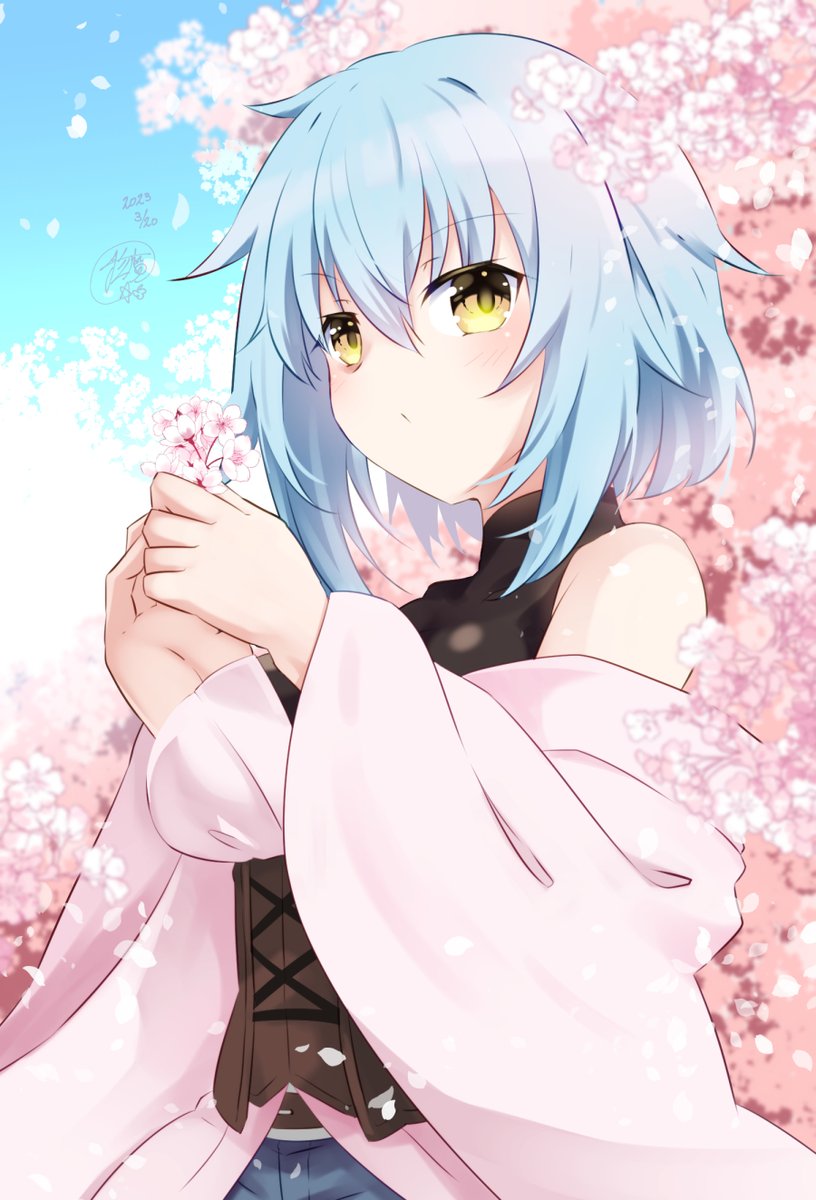 blue hair solo yellow eyes cherry blossoms 1girl flower holding  illustration images