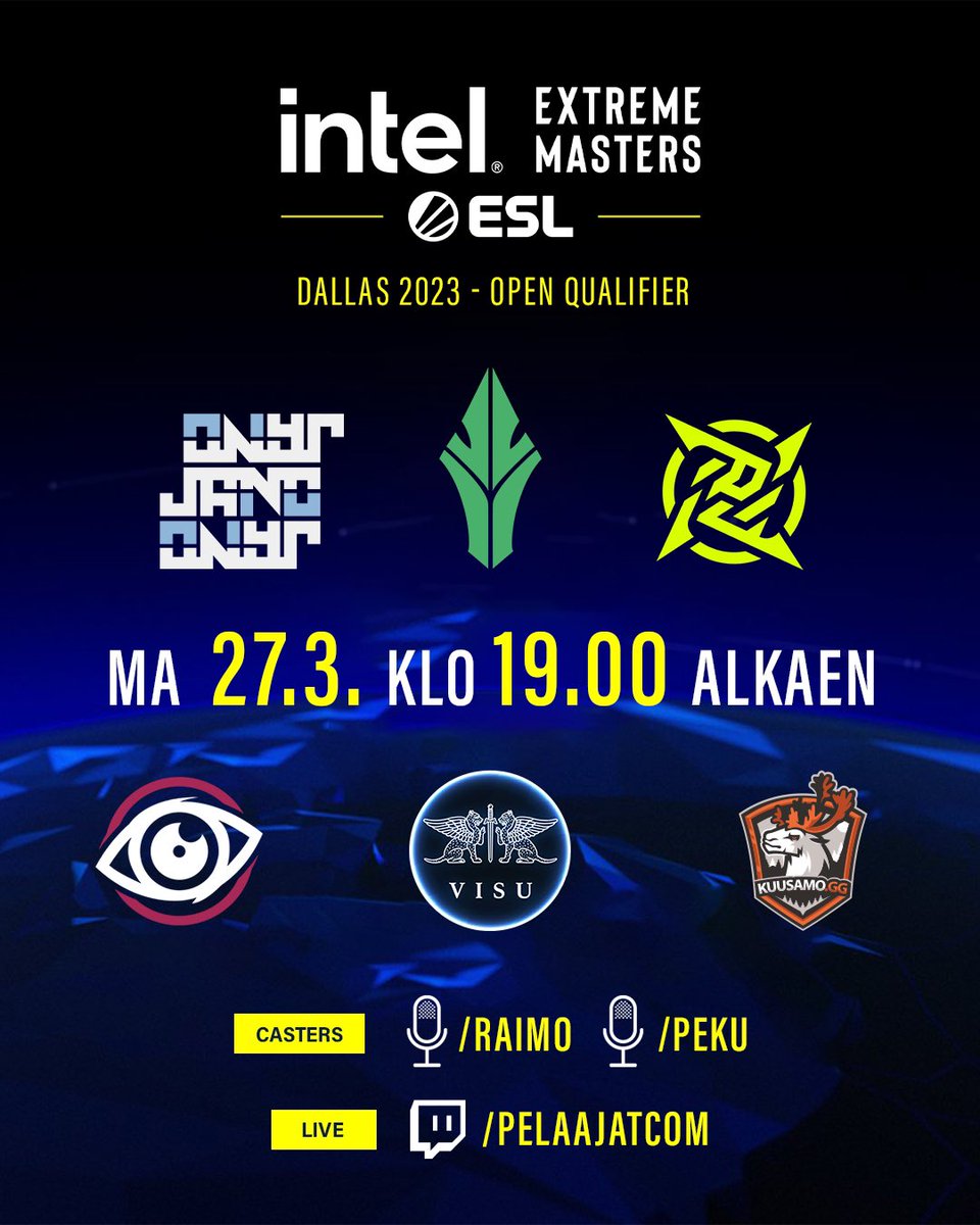 CS-PÄIVÄ👀 

Viimeinen mahdollisuus edetä jatkoon on tänään, kun IEM Dallasin avoin karsinta numero kaksi alkaa.

Tule mukaan seuraamaan karsinnan suomalaisia kello 19:00 alkaen.

🎤  <a href="/Oonraimo/">Aleksi Takkinen</a> &amp; @pekuCSGO 
📺twitch.tv/pelaajatcom
⏰19:00

#esportsfi #csgofi