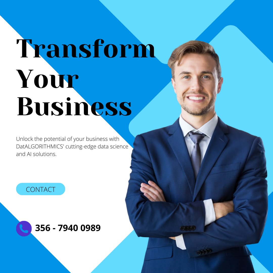 datalgorithmics's tweet photo. Unlock the potential of your business with DatALGORITHMICS' cutting-edge data science and AI solutions - contact us today to schedule a consultation! #DataScience #ArtificialIntelligence #BusinessSolutions #Innovation #DatALGORITHMICS https://t.co/loipASsMDH