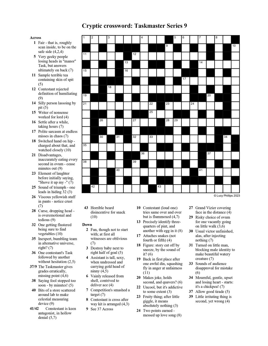 Elphi97's tweet photo. A little while ago I wrote this cryptic crossword themed around series 9 of #Taskmaster. Possibly there are some people out there who'd like to see it.

The hosts' and contestants' names are there, so that's a good way in if you'd like to try it. (Interactive version in reply.) https://t.co/TWatZdXZrw