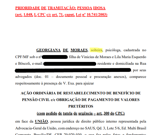 E eu que descobri que a filha do Vinícius de Moraes:

> Aparece nas colunas de fofoca como "casada", assina textos na internet como "casada" e posta foto com o marido que me disse serem "casados"

> Mas na Justiça se diz "solteira" para receber uma pensão de R$ 13 mil
