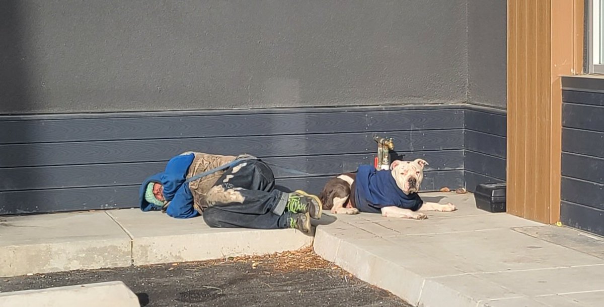 WeInvisible's tweet image. A man and his dog sleeps outside a #projecthomekey shelter, hoping to get in. With 4k on the streets #unhoused &amp;amp; only about est 300 plus beds &amp;amp; lack of 10k units for housing,  how are we ever going to reduce homelessness? @MayorJerryDyer Needs to do something, like a #safecamp