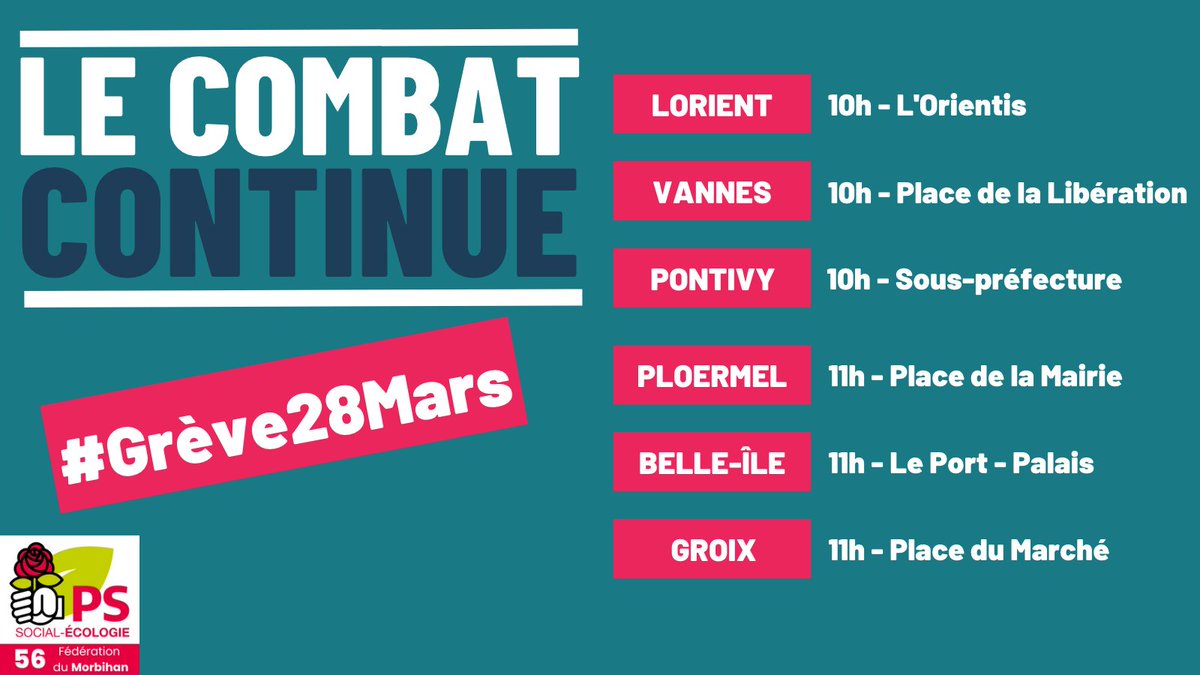 PS_Morbihan's tweet photo. Le 49-3 ne signifie pas la fin de la lutte. Demain, nous serons encore au rendez-vous dans le #morbihan pour dire Non à la #retraite à 64 ans ! #Manif28Mars 🪧 https://t.co/J0GaekZO18