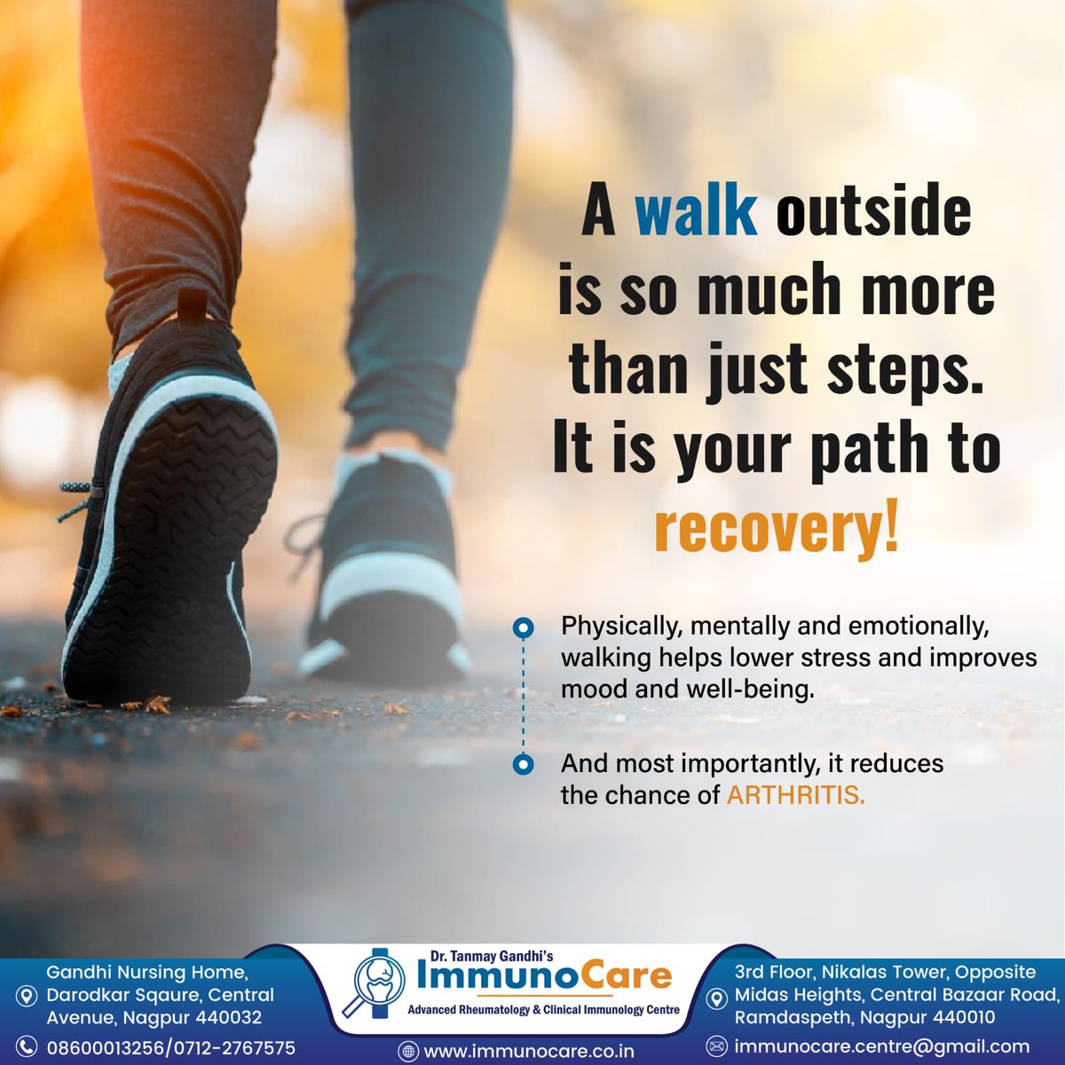 a walk outside is so much more than just steps. it is your path to recovery.
#chronicillness #chronicillnessawareness #chronicillnesswarrio #rheumatologistinnagpur #rheumatologist #immunology #immunologist #drtanmaygandhi #tanmaygandhi #arthritisspecialist #arthritisexpert