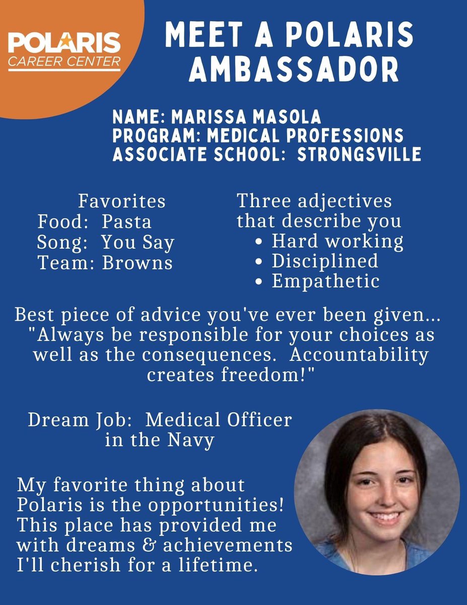 Marissa Masola from the Polaris Medical Professions program and @HS_Strongsville is next in our 'Meet a Polaris Ambassador' series.