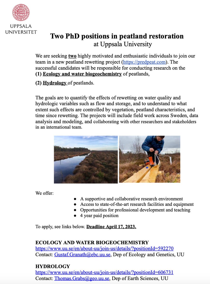 Two PhD positions available in peatland restoration at UU. Focus on peatland hydrology and water quality. Plant functionality will be investigated in both projects. Deadline: April 17. More info here: predpeat.com/archives/2023/…