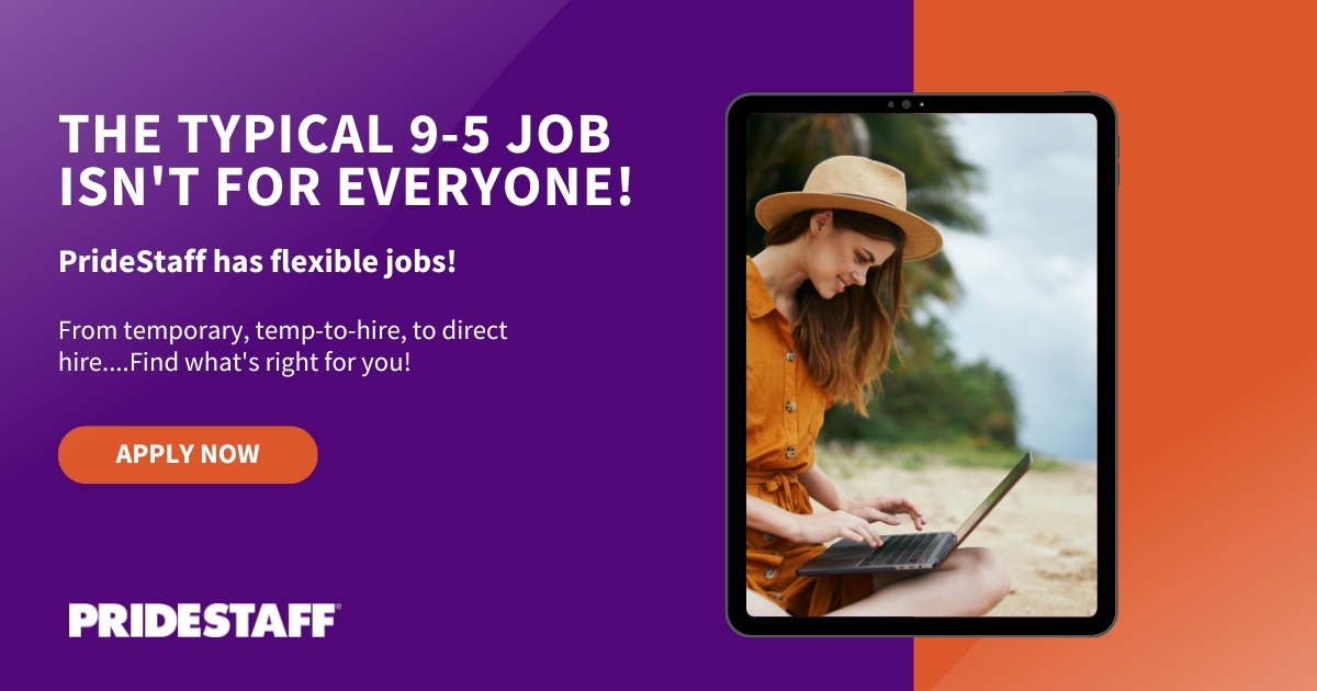 Looking for a more flexible job besides the typical 9-5? PrideStaff has temporary and temp-to-hire positions available! jobs.pridestaff.com
⁠
#PrideStaff #temporaryjobs #temporarystaffing #flexiblejobs #tempstaffing #tempagency #staffing #jobopportunities #flexiblework