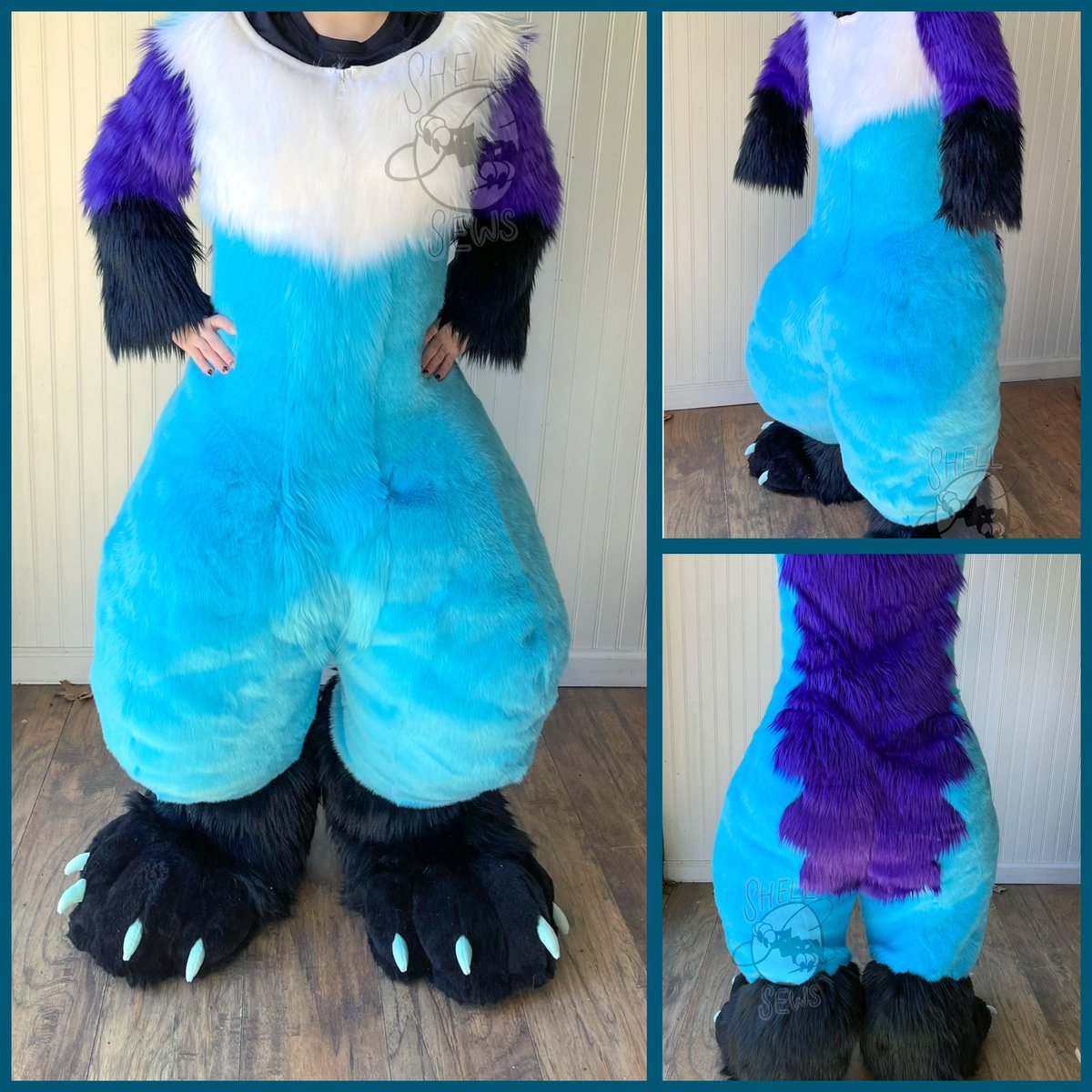 Echo's bodysuit and feetpaws are complete! They belong to <a href="/echomarten/">Echo Marten</a> This is a digitigrade bodysuit, with a drop crotch and interior pockets. Feetpaws have changeable bottoms. The feetpaws were made with SpiltGrapeSoda's pattern

#furry #furryfandom #fursuit #fursuitmaker
