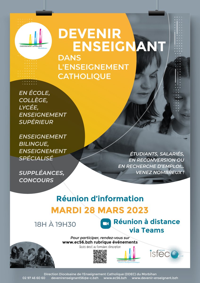 Vous souhaitez transmettre, donner un nouvel élan à votre carrière ! Rejoignez l'Enseignement Catholique du Morbihan.
Réponses à toutes vos questions➡️Mardi 28 mars de 18h à 20h  en Visio. Tentez l'expérience 😀 Pourquoi pas vous ?
<a href="/ddec56/">EC Morbihan</a> <a href="/IsfecBretagne/">Isfec Bretagne</a>
