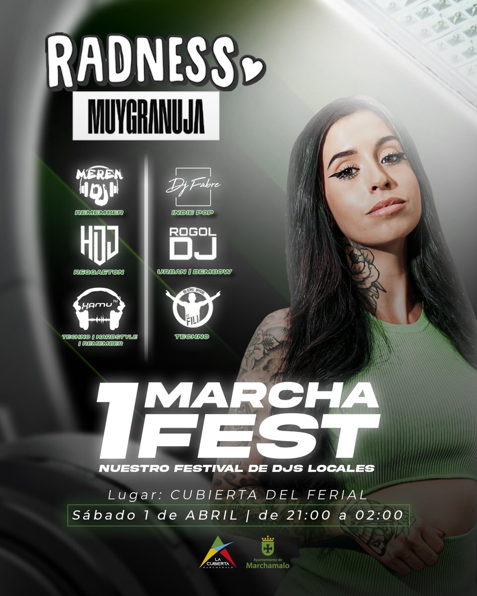 AytoMarchamalo's tweet photo. 🙌 Y el sábado por la noche, primer festival MarchaFest en la Cubierta del Ferial, con la participación de seis DJs locales y @RADNESSmusic como cabeza de cartel.

🎟️ Entrada gratuita de 21.00 a 02.00 horas. https://t.co/nDY9uekPHY