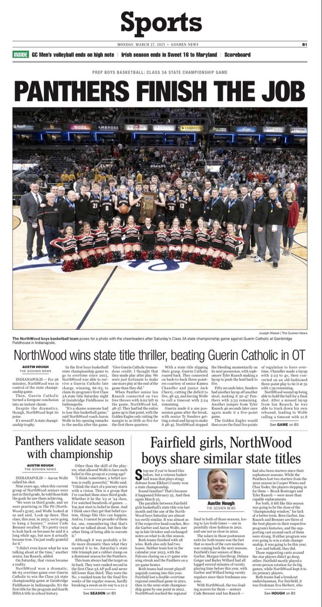 AustinRHough's tweet photo. A look at today's front page of The Goshen News, as well as the 2/3rds of the @TGN_Sports section, celebrating the Class 3A boys basketball state champion NorthWood Panthers! https://t.co/phYdEJythB