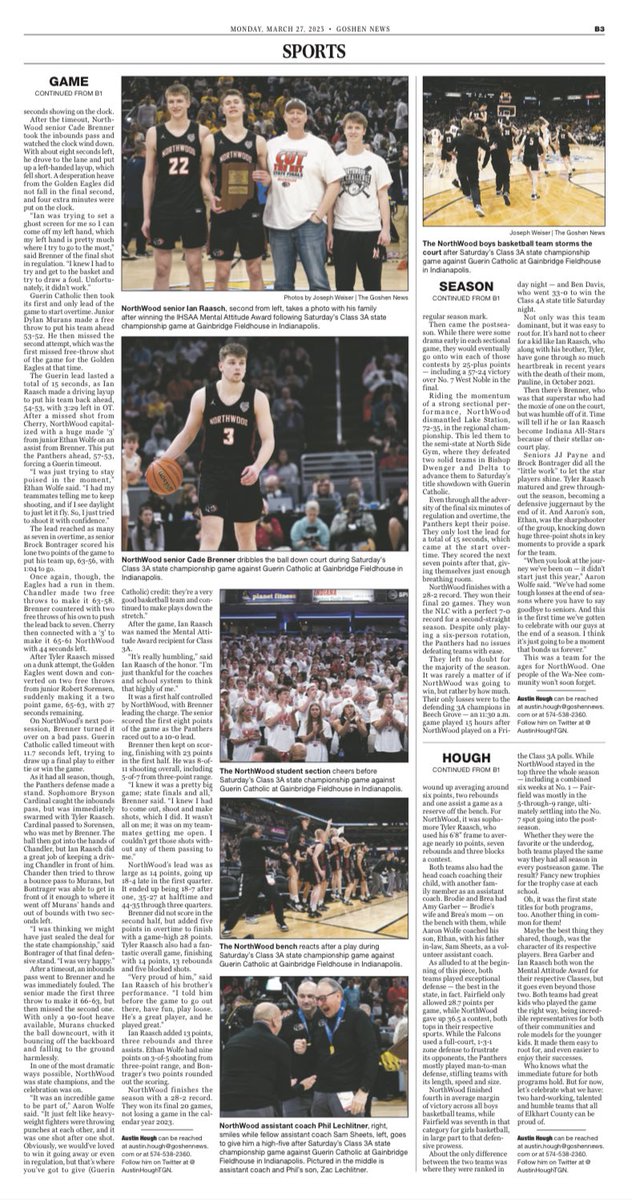 A look at today's front page of The Goshen News, as well as the 2/3rds of the @TGN_Sports section, celebrating the Class 3A boys basketball state champion NorthWood Panthers!