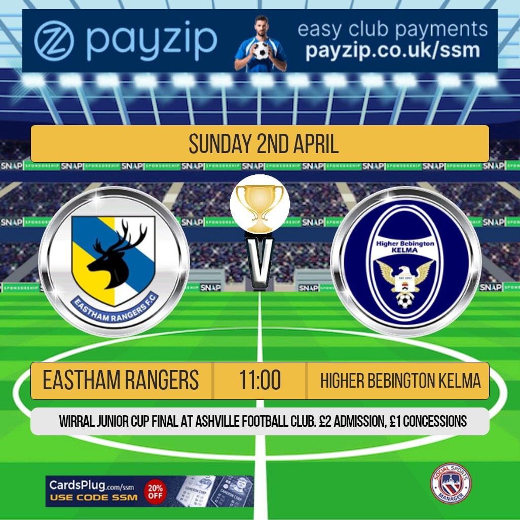 Wirral Junior Cup Final
Sunday 2nd April 
At Ashville FC, cross lane, ch45 8rh

Massive match for us v <a href="/fc_kelma/">Higher Bebington Kelma FC (Sunday)</a> 
Can't wait for this one, should be a great game.
Get down and support the lads

#ETID
<a href="/BowBeagle/">Bow Legged Beagle Bromborough</a>